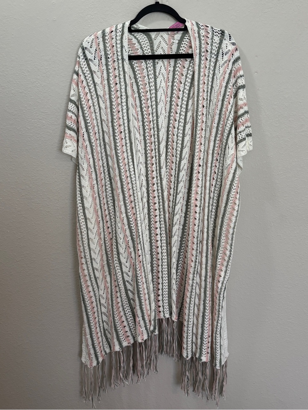 Francesca’s Mi Ami Crochet Knit Fringe Striped Boho Kimono Cover Up
